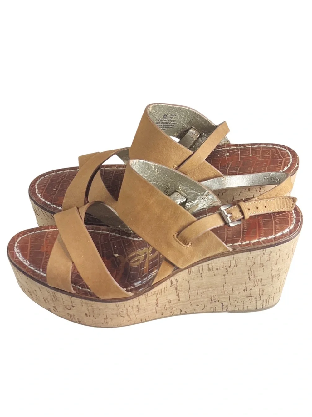 Sam‎ Edelman Destiny Tan Leather and Cork Platform Wedge Sandals Boho Summer